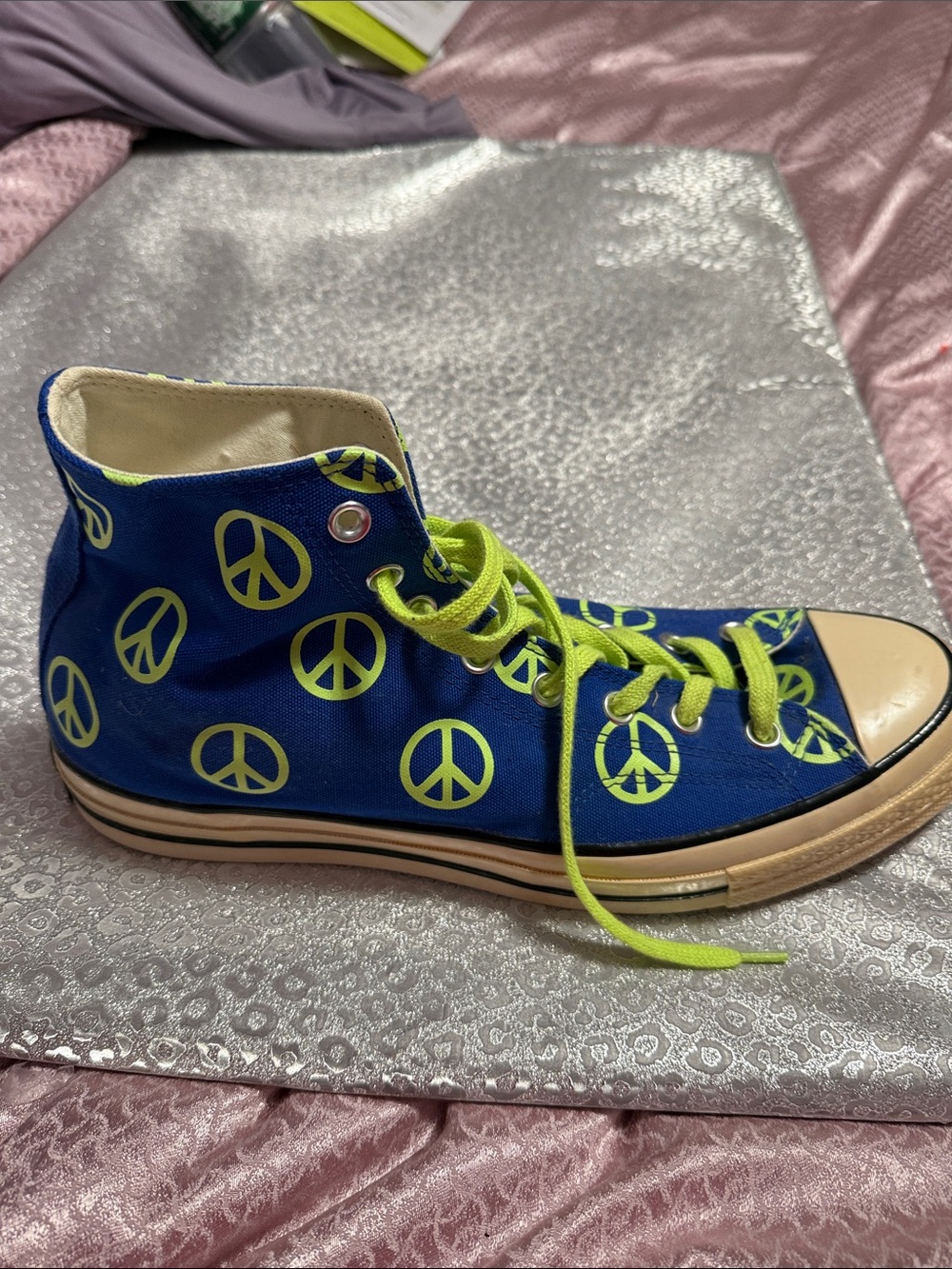 Converse High-Top Sneakers in Blue with Neon Green Peace Signs